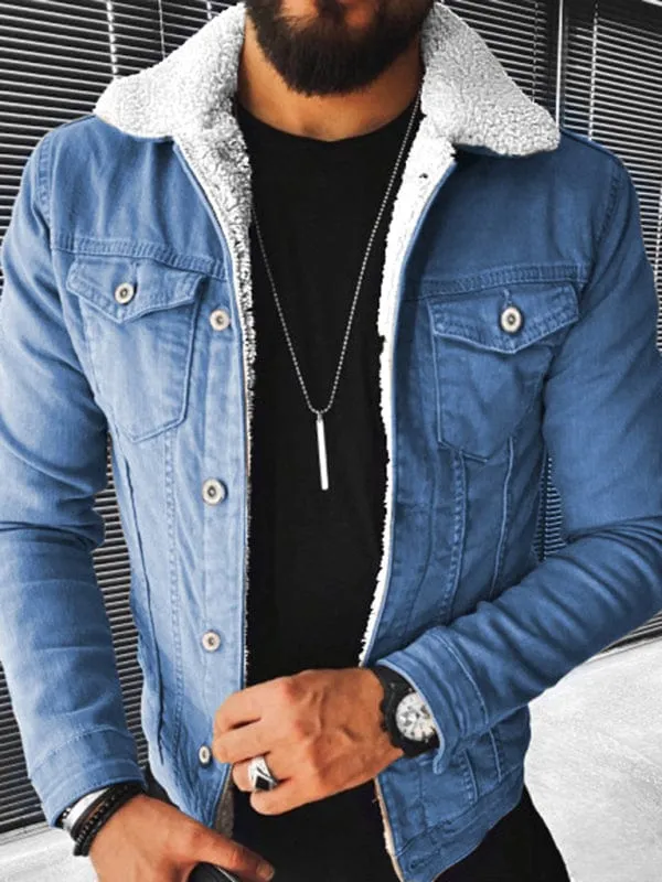 Men's Plush Style Thickened Denim Outer Jacket