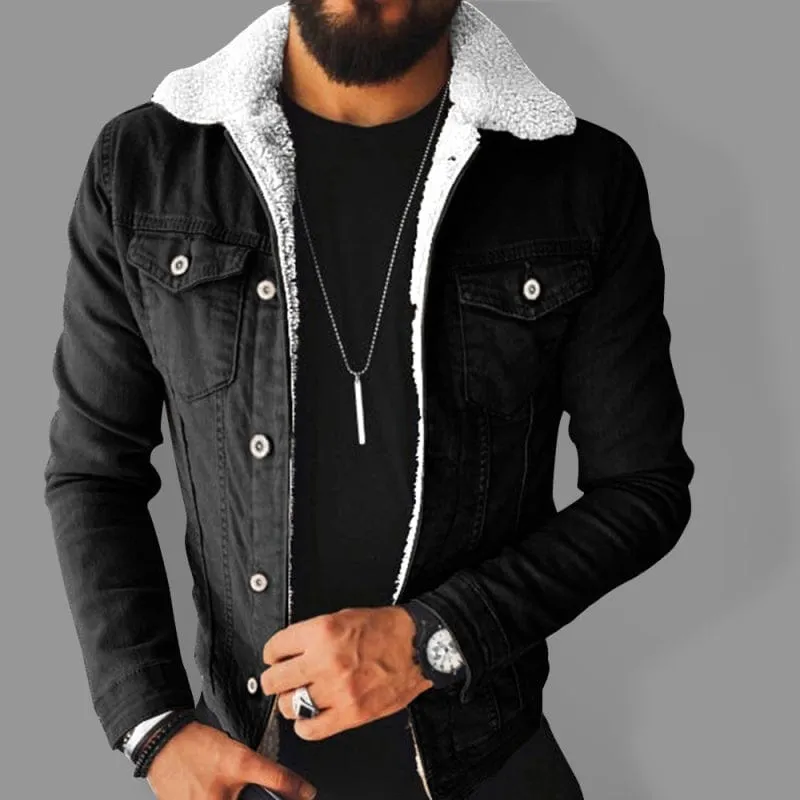 Men's Plush Style Thickened Denim Outer Jacket