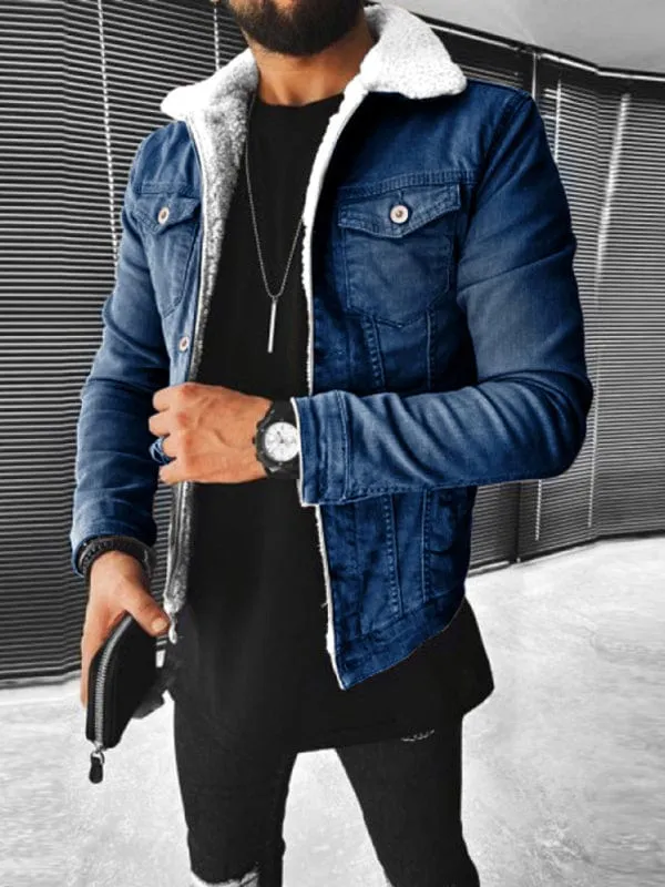 Men's Plush Style Thickened Denim Outer Jacket