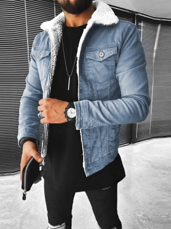 Men's Plush Style Thickened Denim Outer Jacket