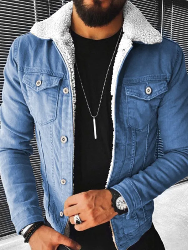 Men's Plush Style Thickened Denim Outer Jacket