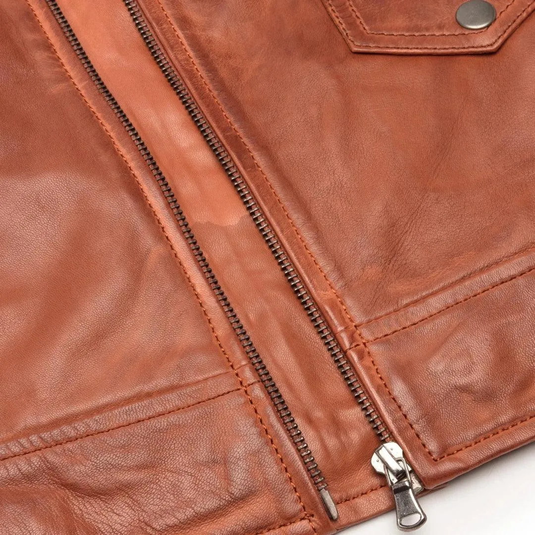 Mens Vintage Washed Tan Brown Real Leather Biker Jacket Cross Zip Retro Casual