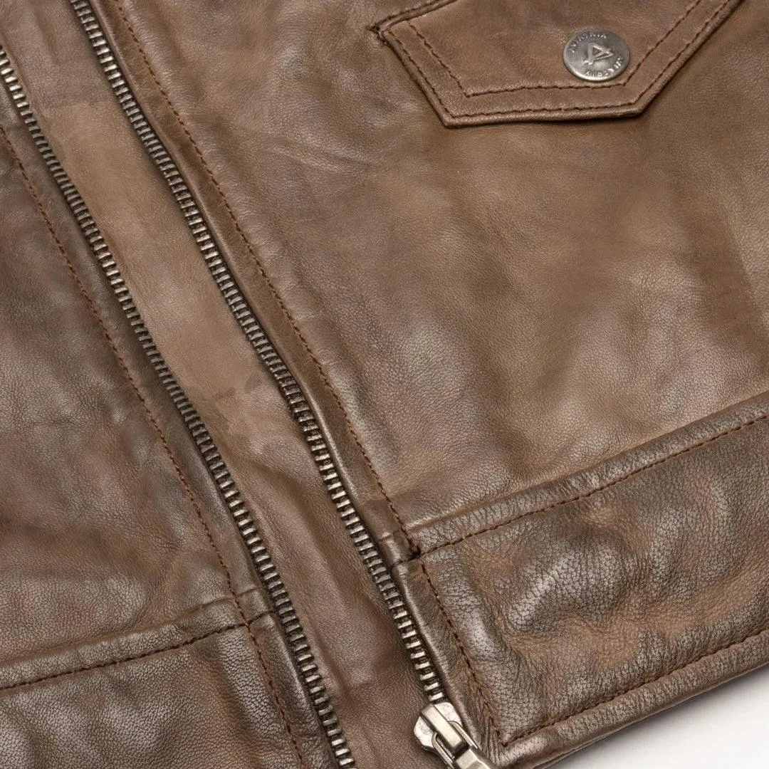 Mens Vintage Washed Tan Brown Real Leather Biker Jacket Cross Zip Retro Casual