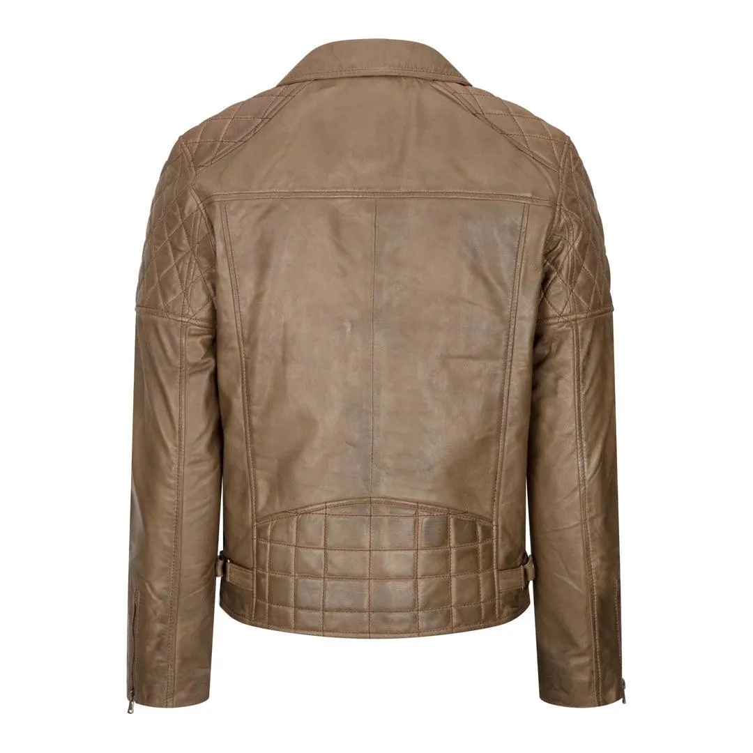 Mens Vintage Washed Tan Brown Real Leather Biker Jacket Cross Zip Retro Casual