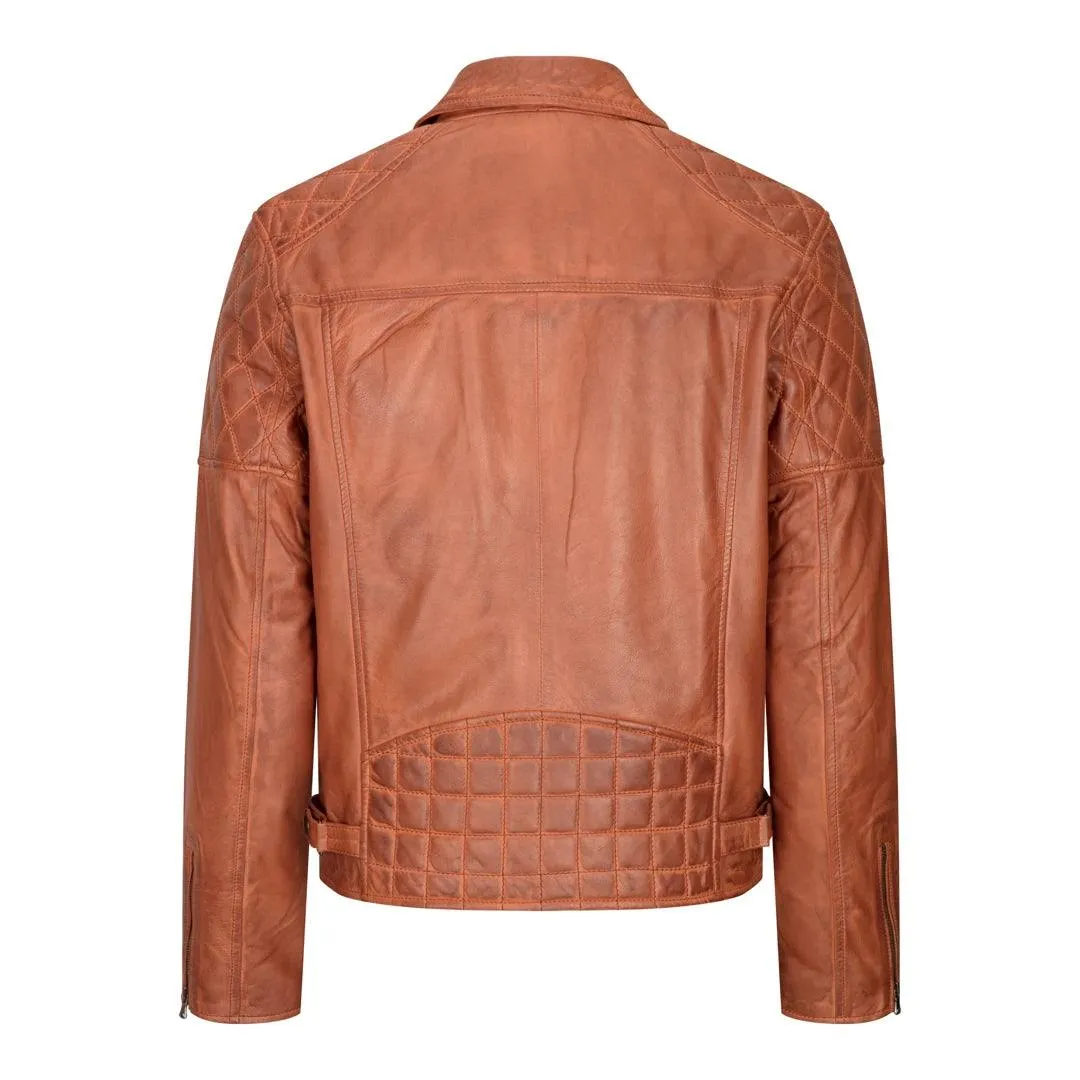 Mens Vintage Washed Tan Brown Real Leather Biker Jacket Cross Zip Retro Casual