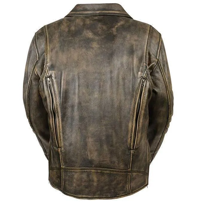 Milwaukee Leather MLM1515 Men's Classic Beltless Distressed Brown Leather Triple Stitched Motorcycle Biker Jacket