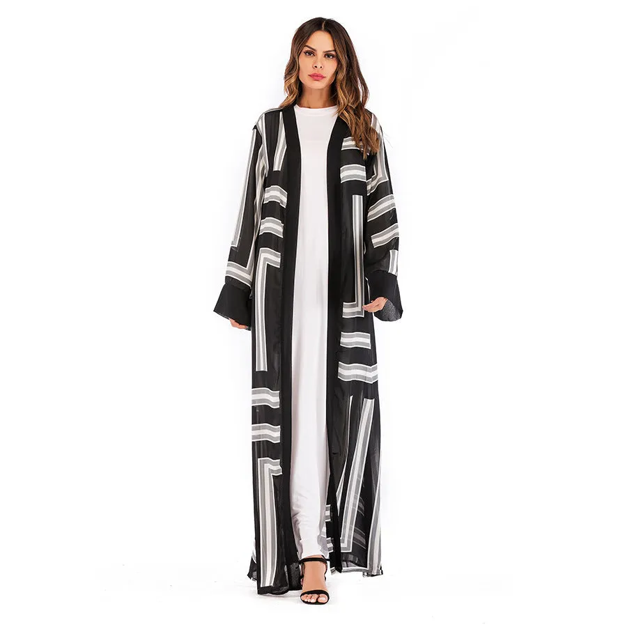 Muslim Stripe Loose Lace Cardigan Robe Female