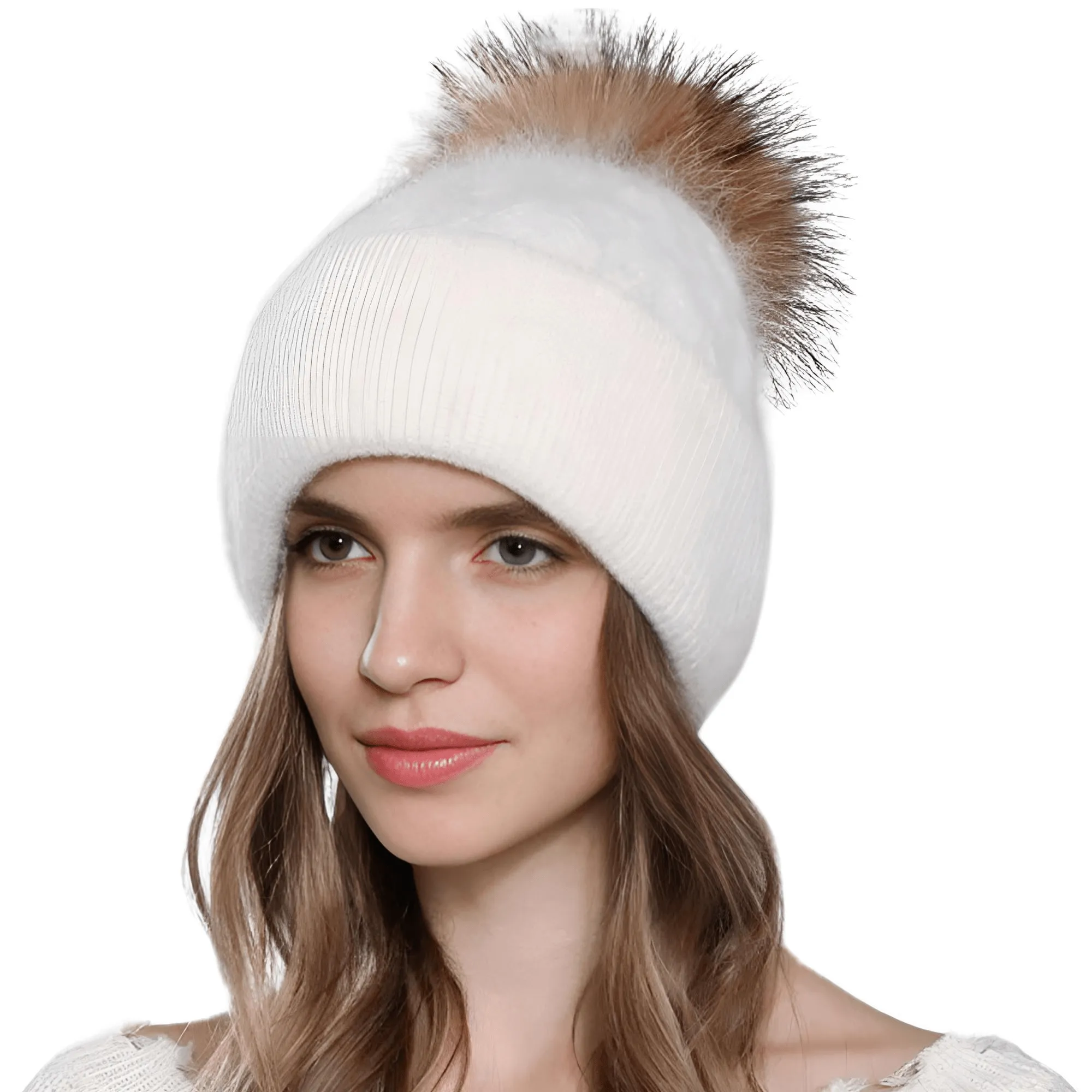 Natural Raccoon Fur Pompom Rabbit Fur Women's Angora Fur Hat Bonnet Women's Winter Hats