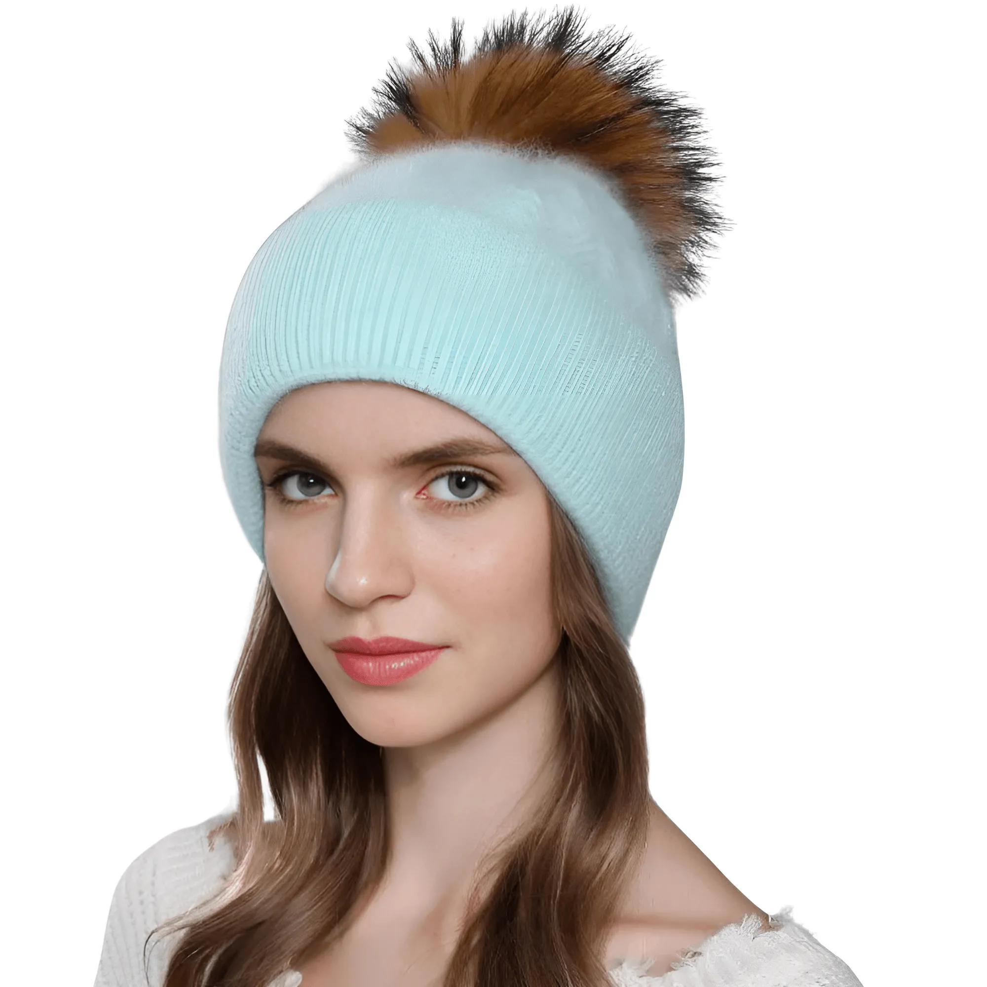 Natural Raccoon Fur Pompom Rabbit Fur Women's Angora Fur Hat Bonnet Women's Winter Hats