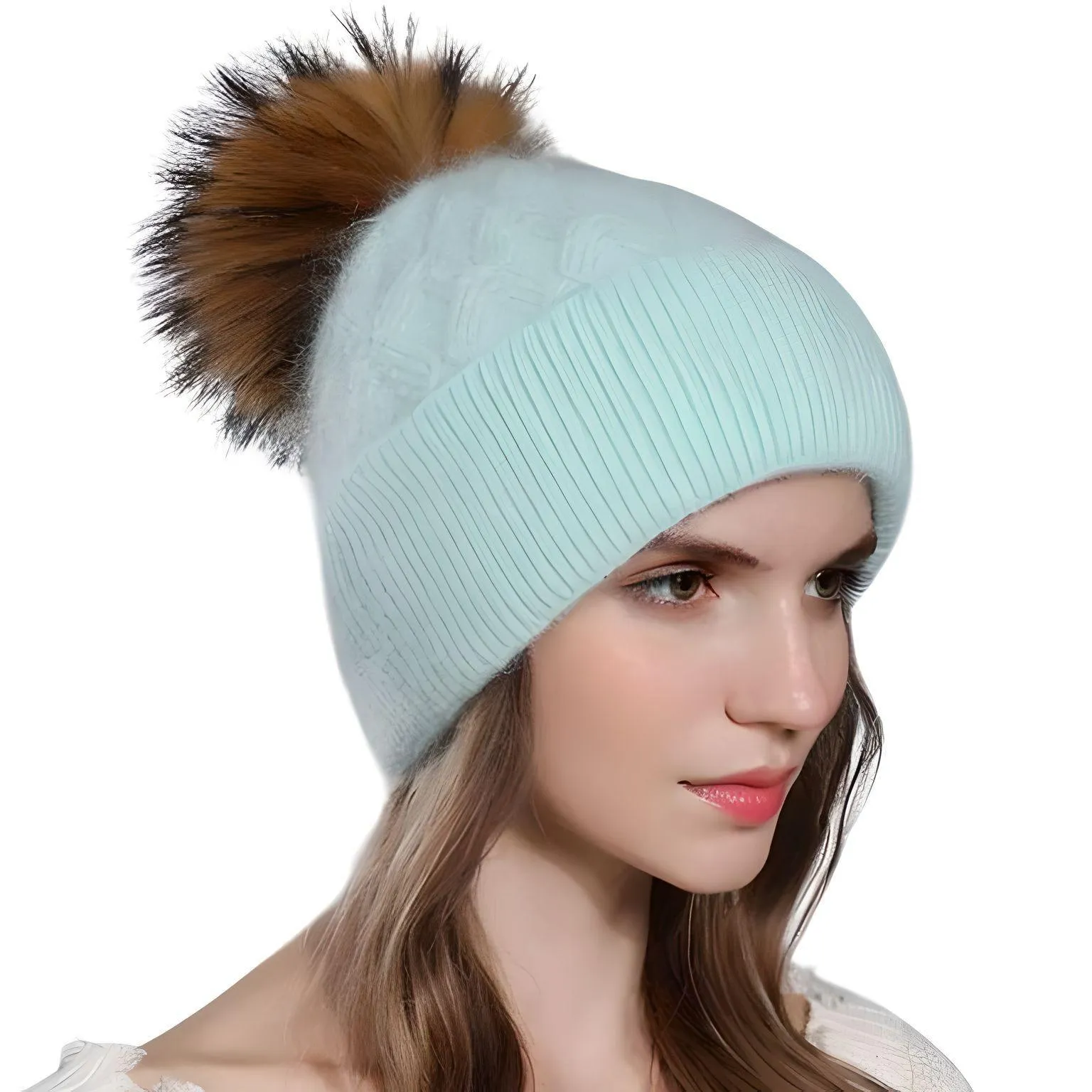 Natural Raccoon Fur Pompom Rabbit Fur Women's Angora Fur Hat Bonnet Women's Winter Hats