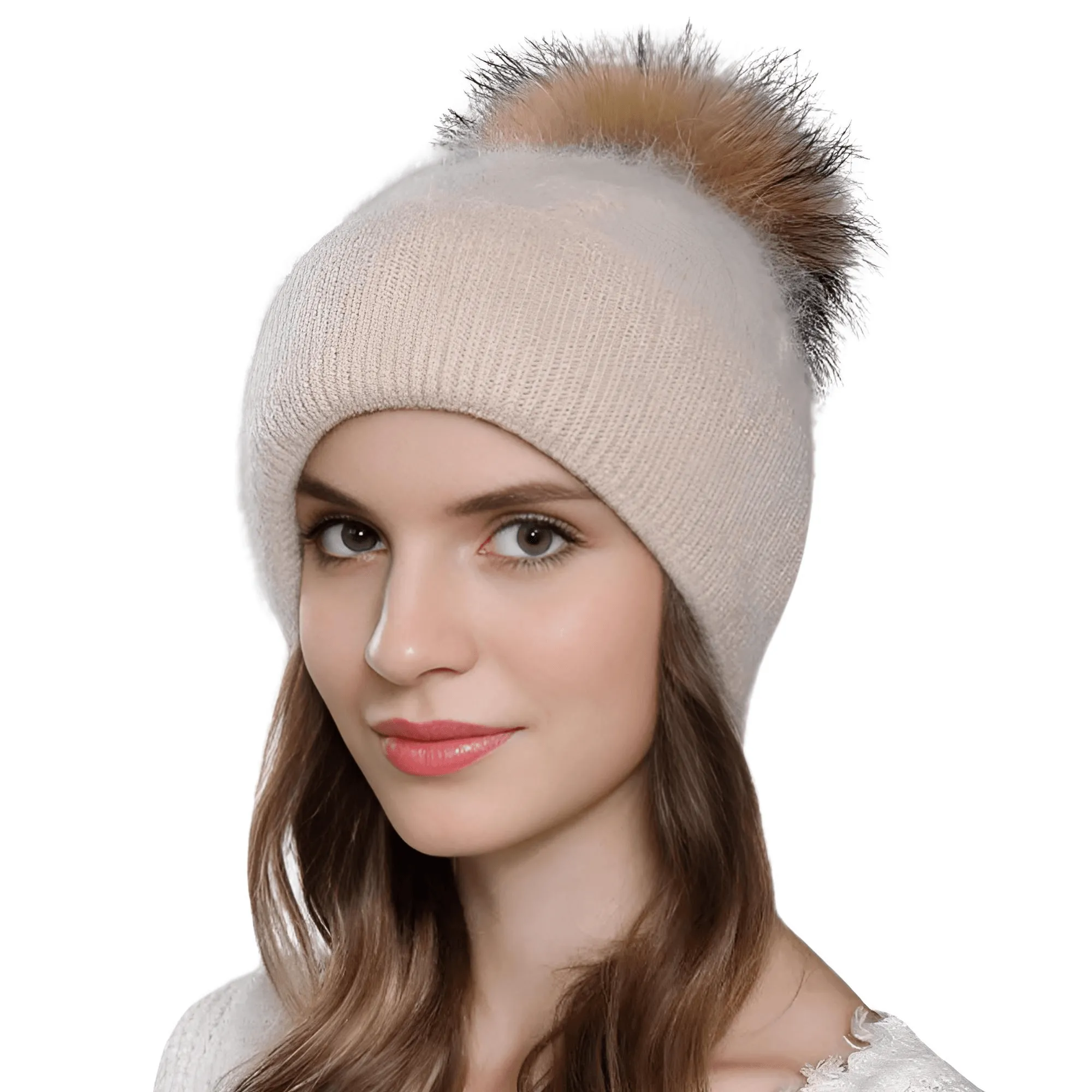 Natural Raccoon Fur Pompom Rabbit Fur Women's Angora Fur Hat Bonnet Women's Winter Hats