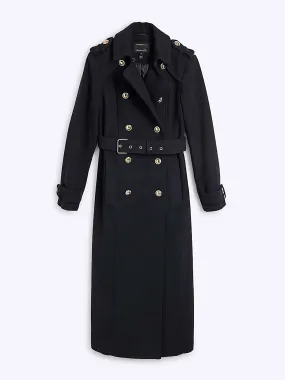 Navy double breasted wool blend trench coat