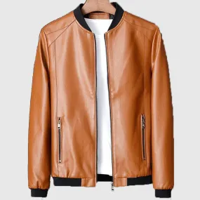 New Best Quality Retro Men's Leather Jacket Solid Color Ribbed Trim Zip Closure Long Sleeve Regular Fitted PU Leather Jacket