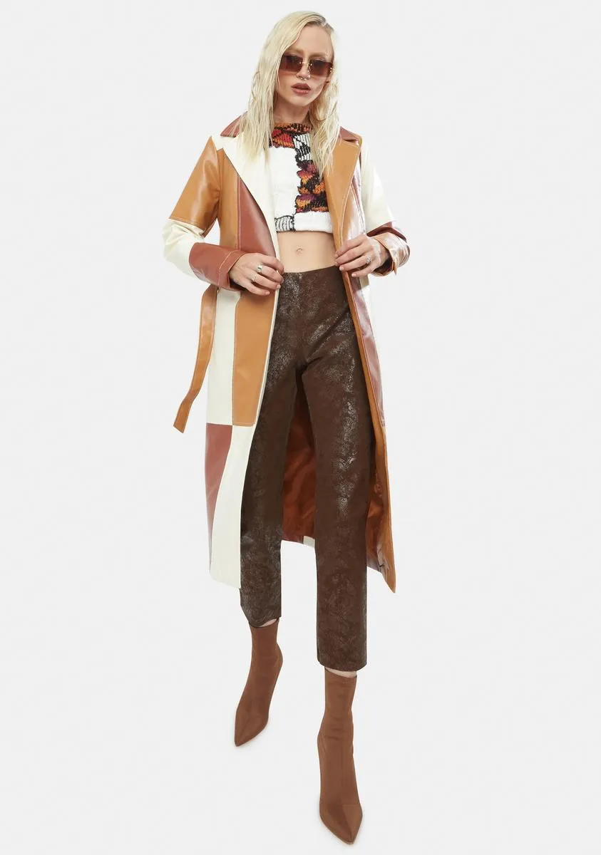 Patchwork Vegan Leather Belted Trench Coat