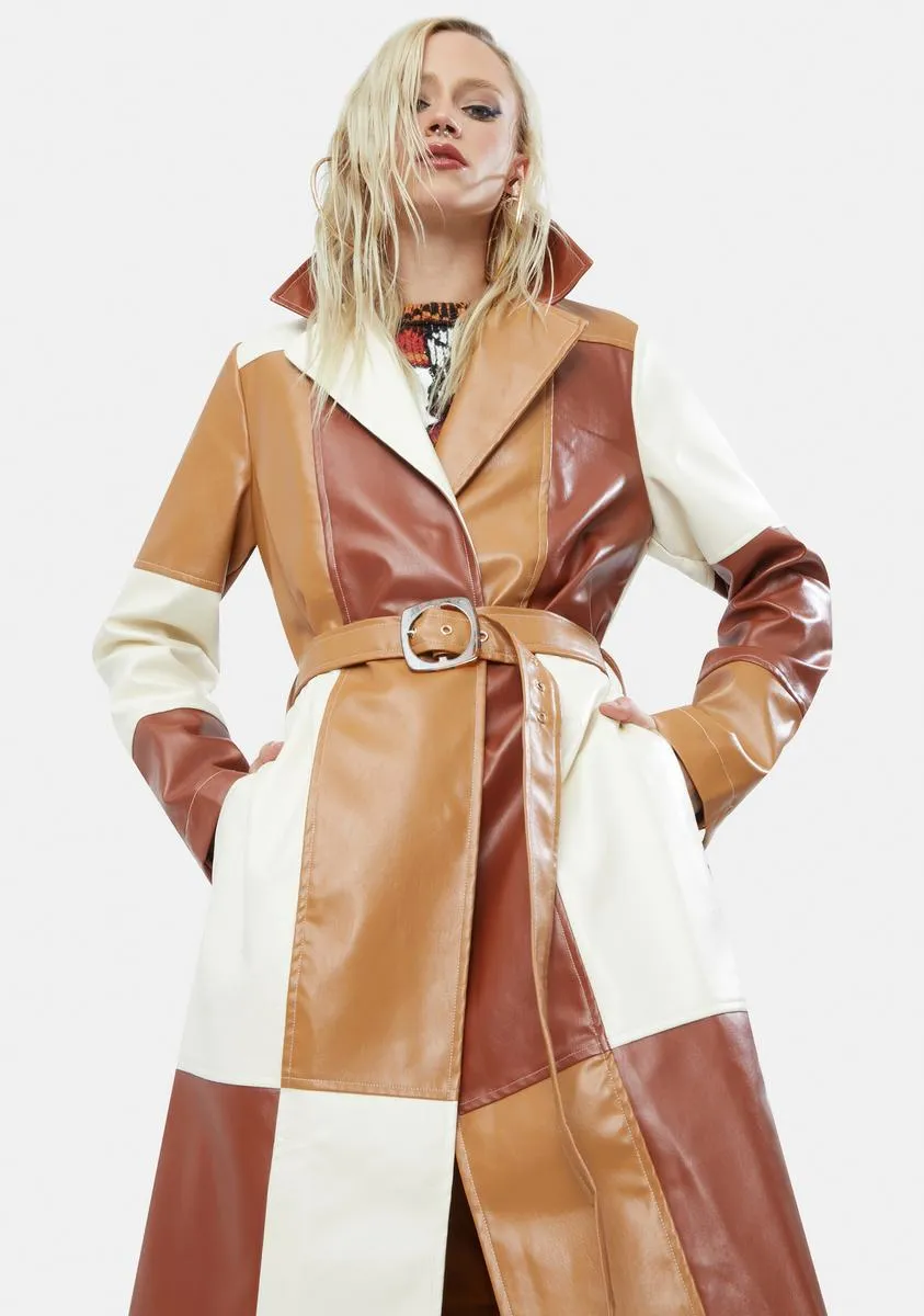 Patchwork Vegan Leather Belted Trench Coat