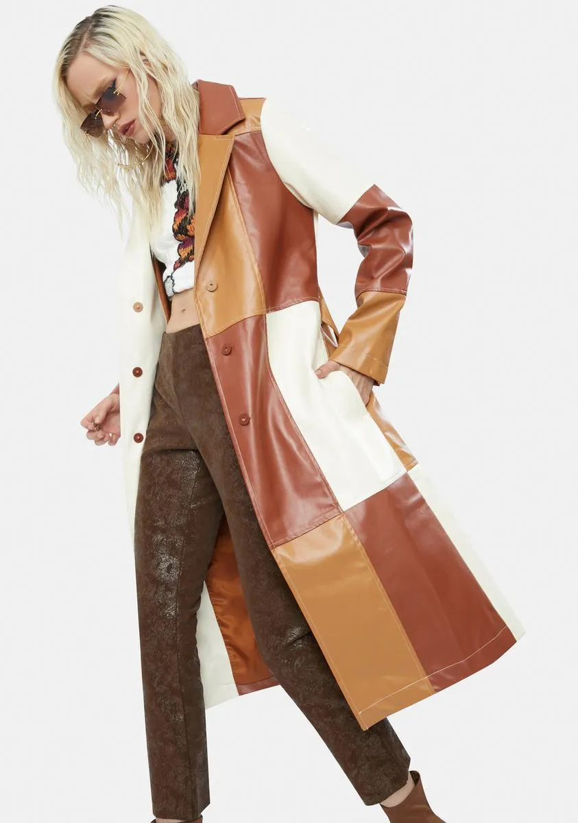 Patchwork Vegan Leather Belted Trench Coat