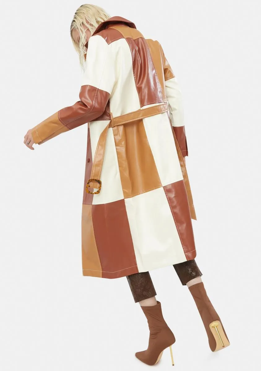 Patchwork Vegan Leather Belted Trench Coat