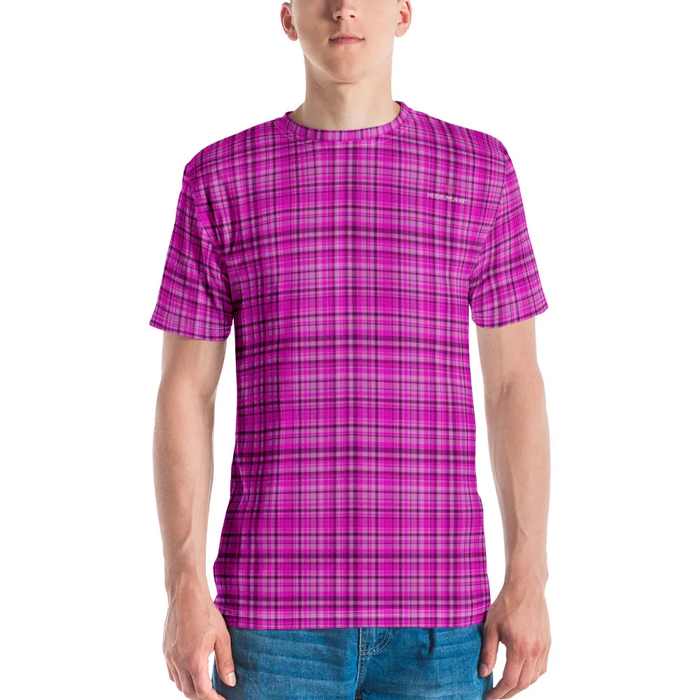 Pink Tartan Print Men's T-shirt, Tartan Bright Pink Plaid Print Shirts For Men-Made in USA/EU