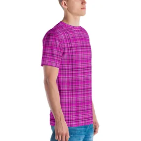 Pink Tartan Print Men's T-shirt, Tartan Bright Pink Plaid Print Shirts For Men-Made in USA/EU