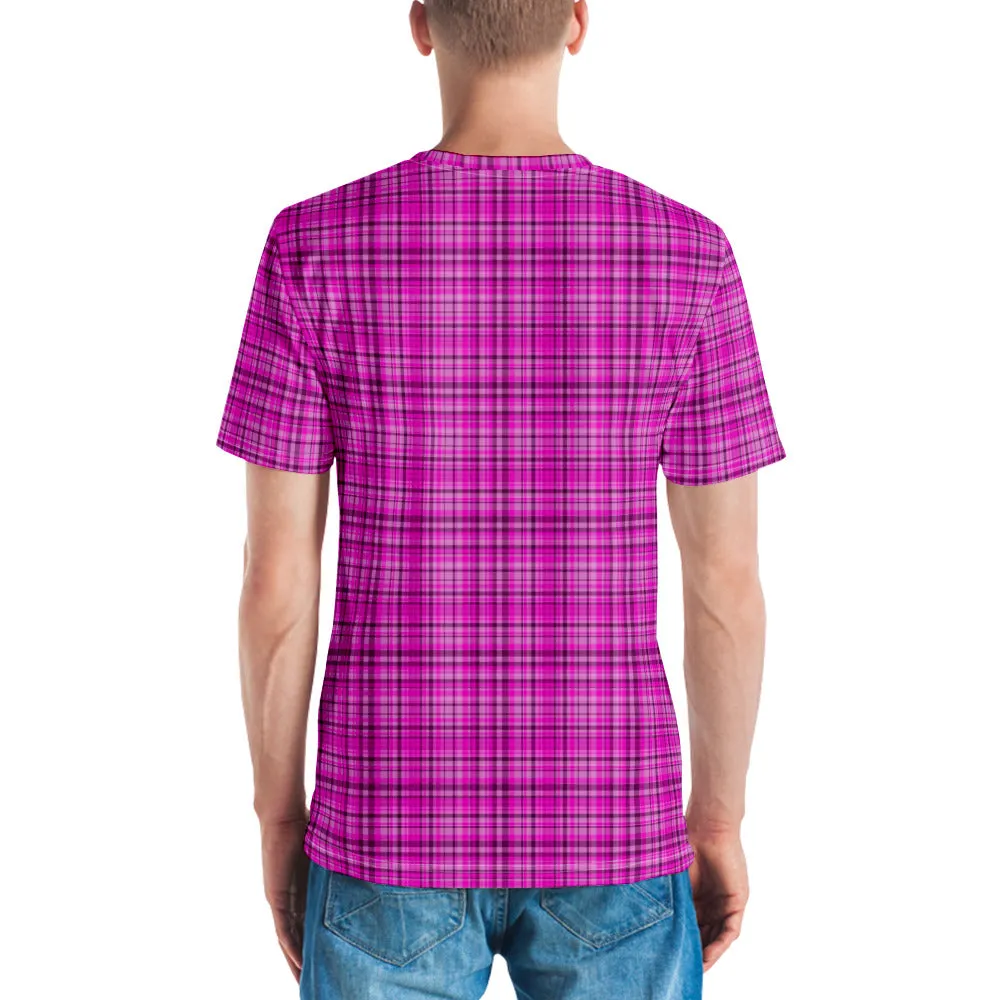 Pink Tartan Print Men's T-shirt, Tartan Bright Pink Plaid Print Shirts For Men-Made in USA/EU