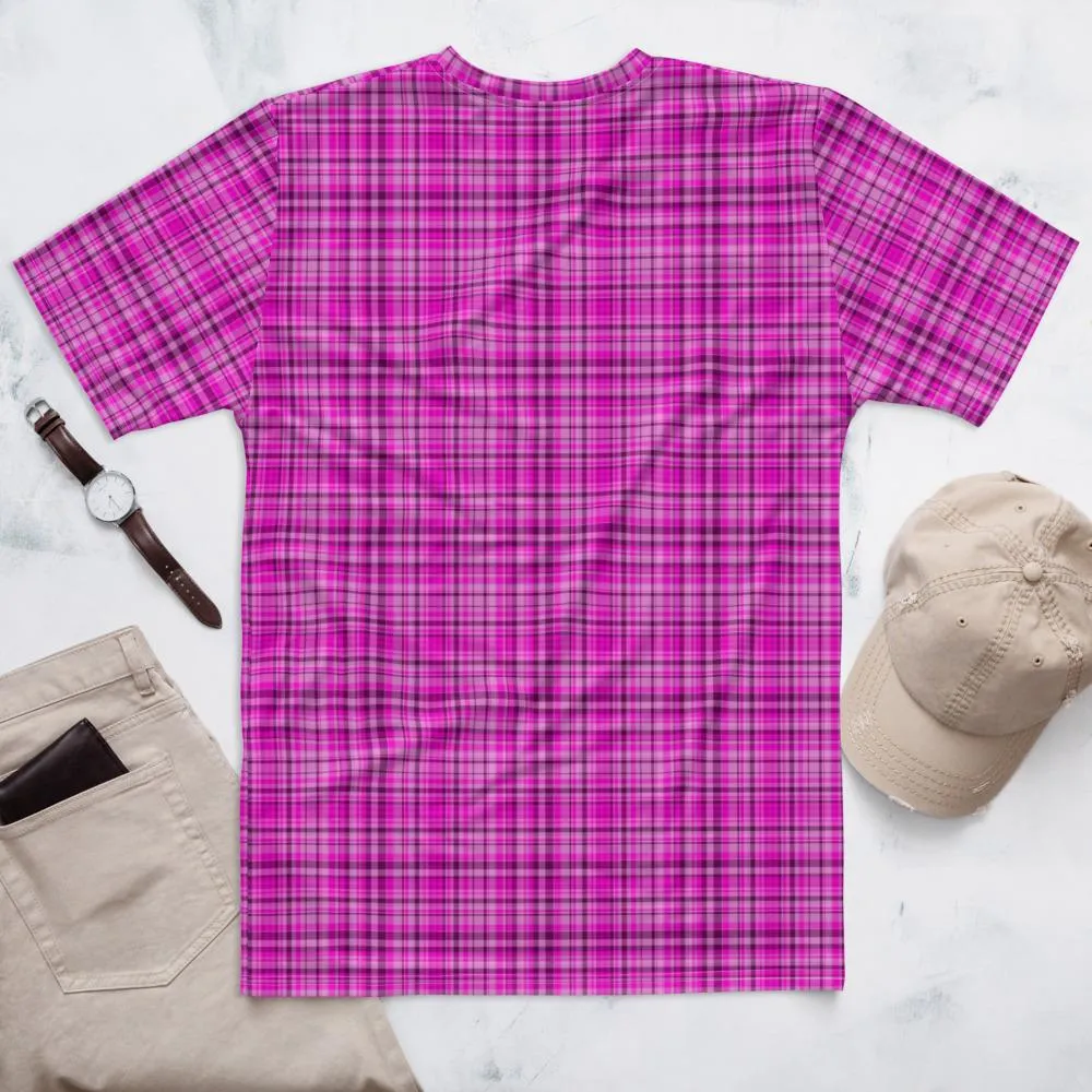 Pink Tartan Print Men's T-shirt, Tartan Bright Pink Plaid Print Shirts For Men-Made in USA/EU