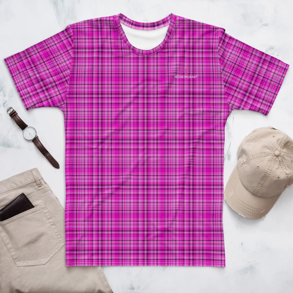 Pink Tartan Print Men's T-shirt, Tartan Bright Pink Plaid Print Shirts For Men-Made in USA/EU