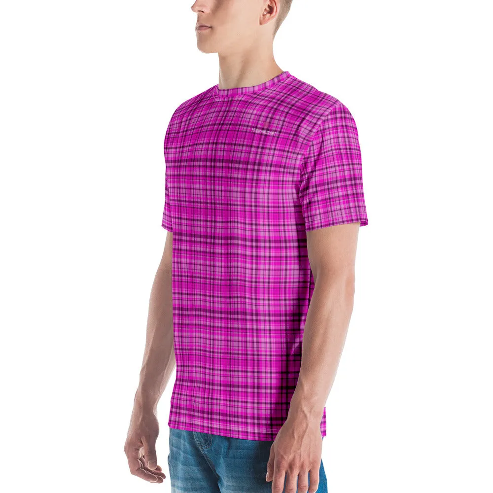 Pink Tartan Print Men's T-shirt, Tartan Bright Pink Plaid Print Shirts For Men-Made in USA/EU