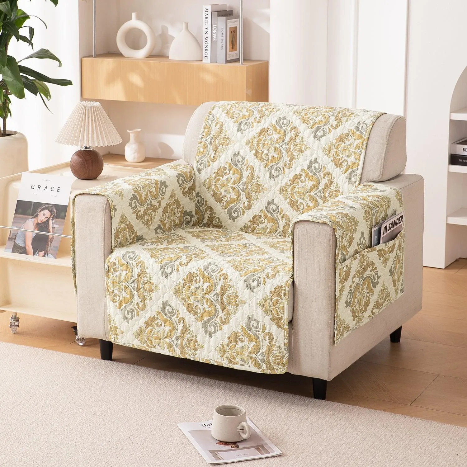 Quilted Printed Polyester Sofa Cover Mat for 1/2/3 Seater Sofa with Side Pockets, Pet Friendly, Damask Beige