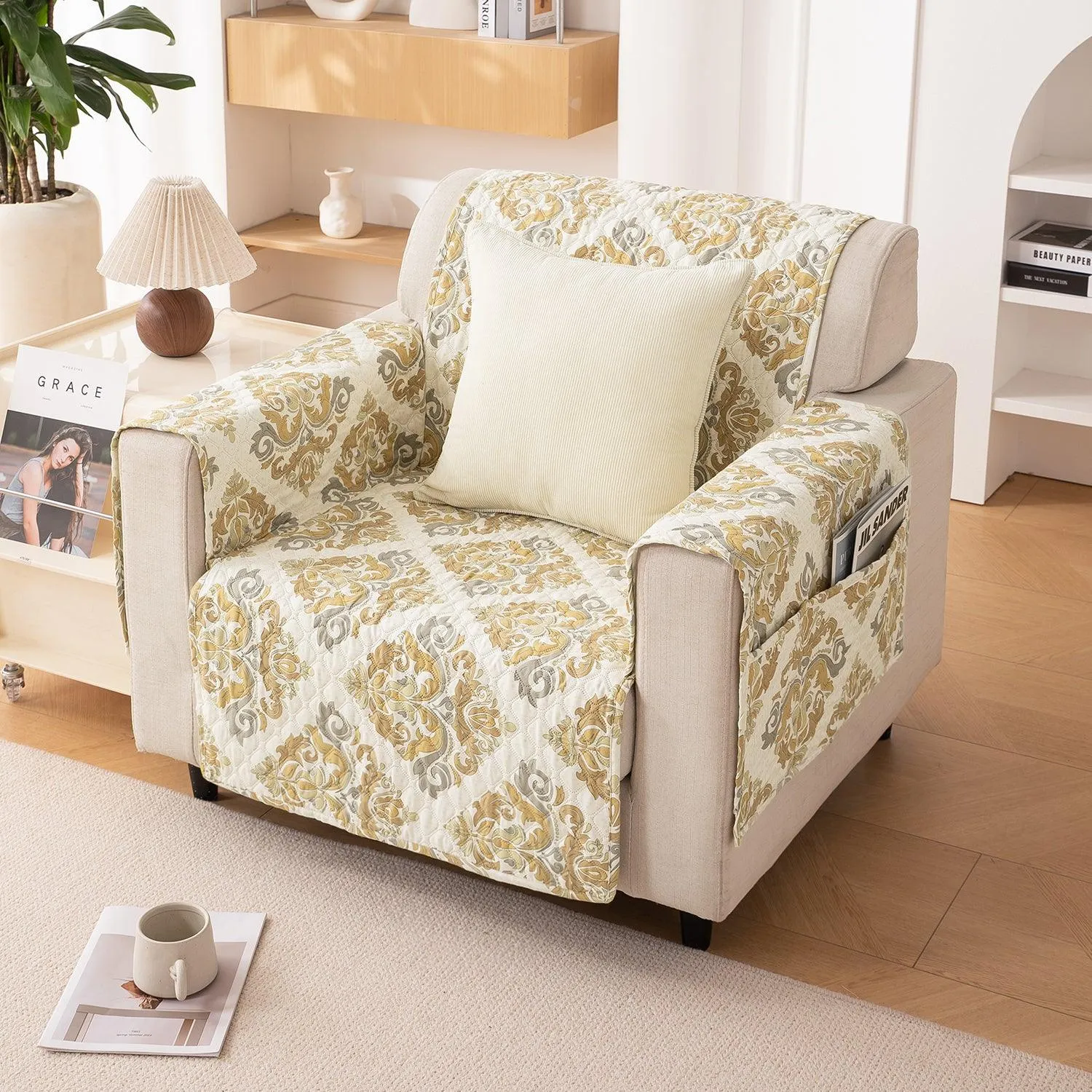 Quilted Printed Polyester Sofa Cover Mat for 1/2/3 Seater Sofa with Side Pockets, Pet Friendly, Damask Beige