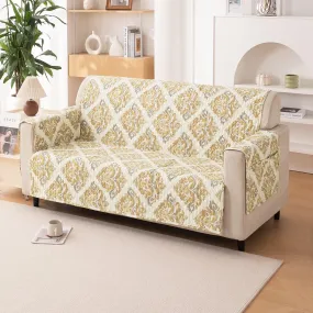 Quilted Printed Polyester Sofa Cover Mat for 1/2/3 Seater Sofa with Side Pockets, Pet Friendly, Damask Beige