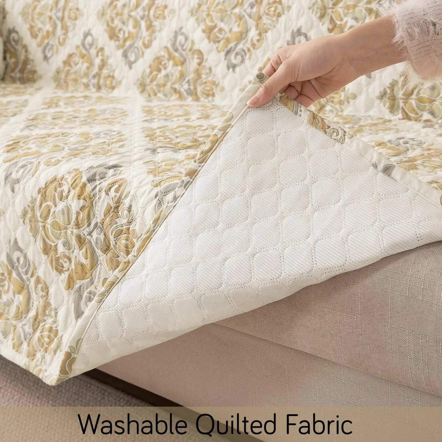 Quilted Printed Polyester Sofa Cover Mat for 1/2/3 Seater Sofa with Side Pockets, Pet Friendly, Damask Beige