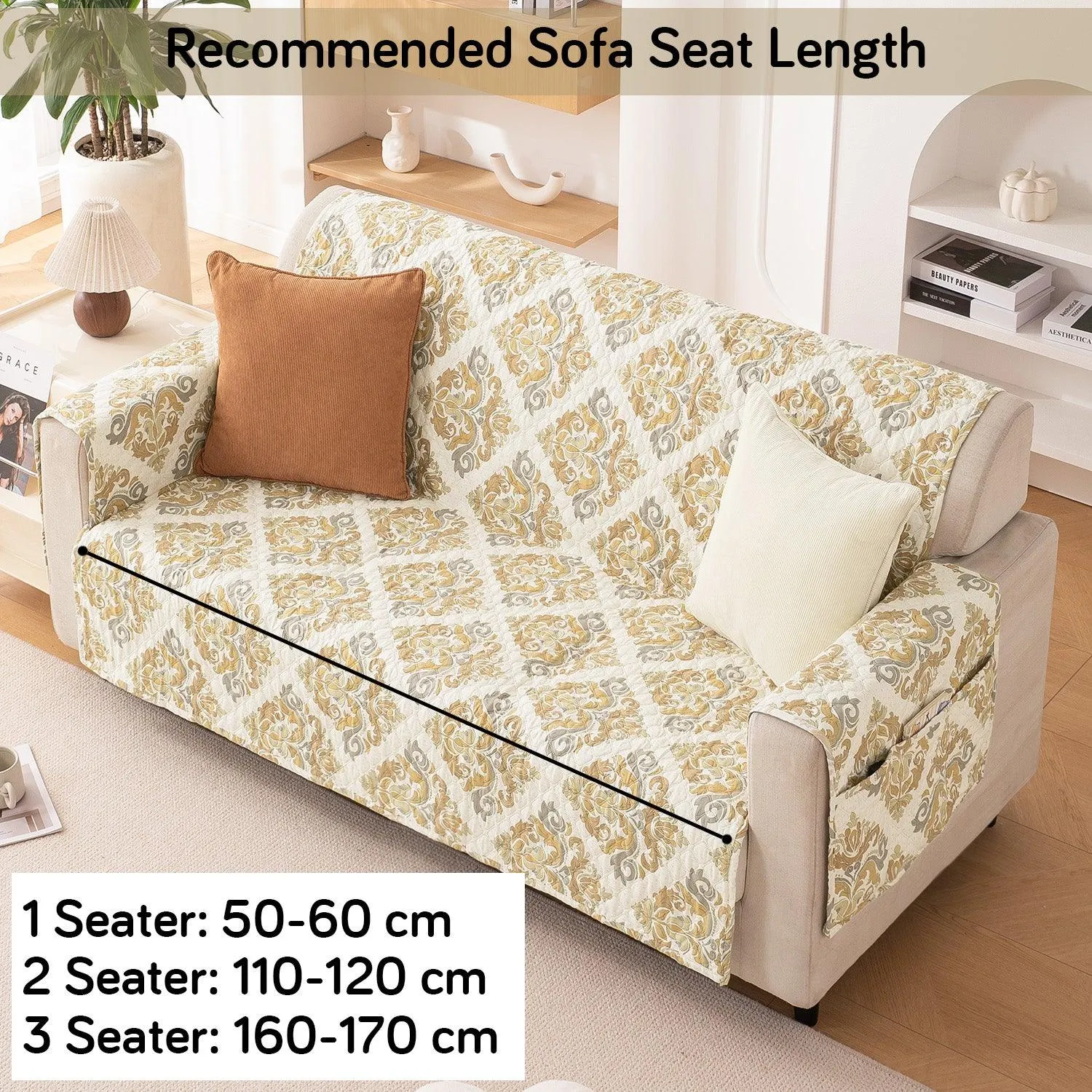 Quilted Printed Polyester Sofa Cover Mat for 1/2/3 Seater Sofa with Side Pockets, Pet Friendly, Damask Beige