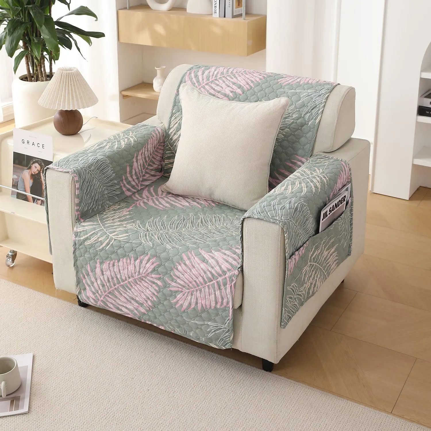 Quilted Printed Polyester Sofa Cover Mat for 1/2/3 Seater Sofa with Side Pockets, Pet Friendly, Tropical Leaves Pastel Green