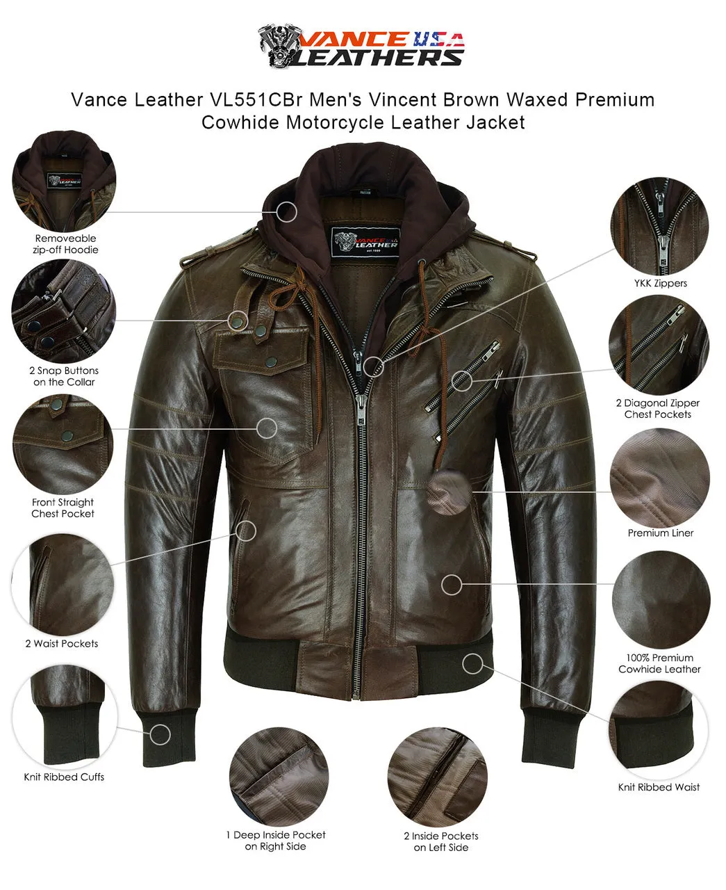 VL551CBr Vance Leathers' Mens Vincent Brown Waxed Premium Cowhide Motorcycle Leather Jacket With Removeable Hoodie