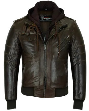 VL551CBr Vance Leathers' Mens Vincent Brown Waxed Premium Cowhide Motorcycle Leather Jacket With Removeable Hoodie