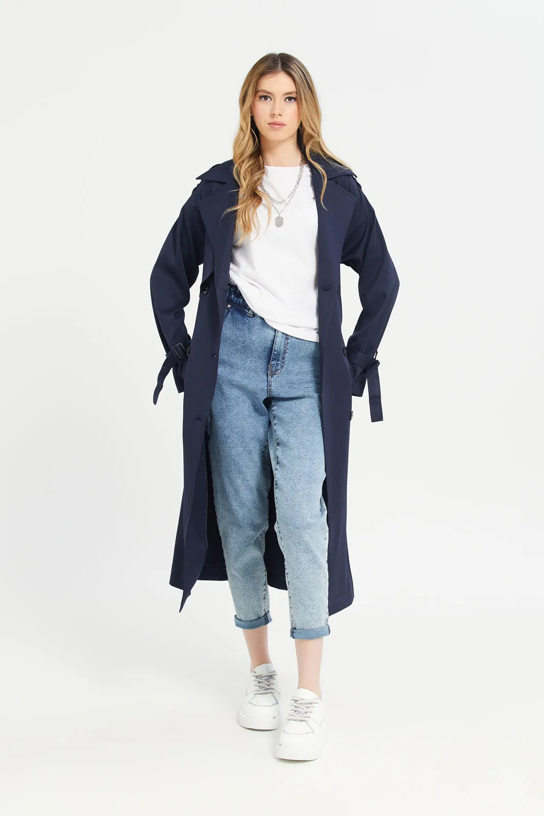 Women Navy Plain Long Casual Jacket