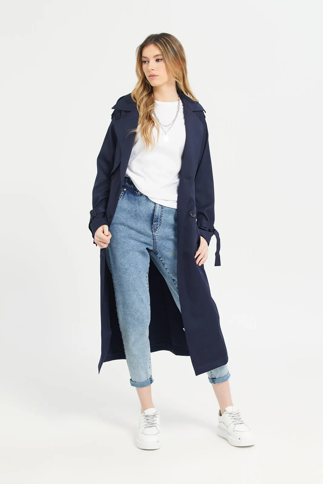 Women Navy Plain Long Casual Jacket