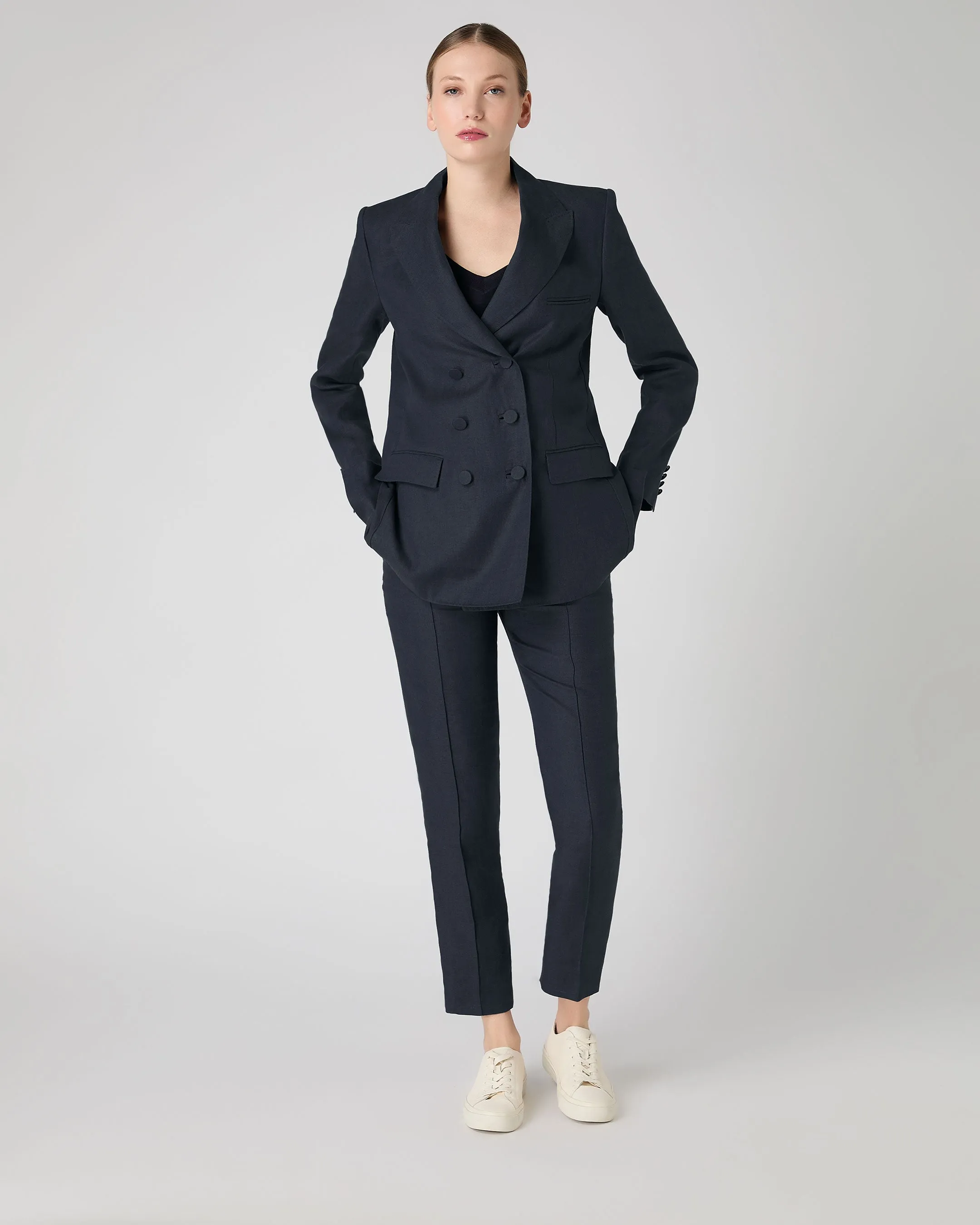 Women's Ava Double Breasted Linen Jacket Navy Blue