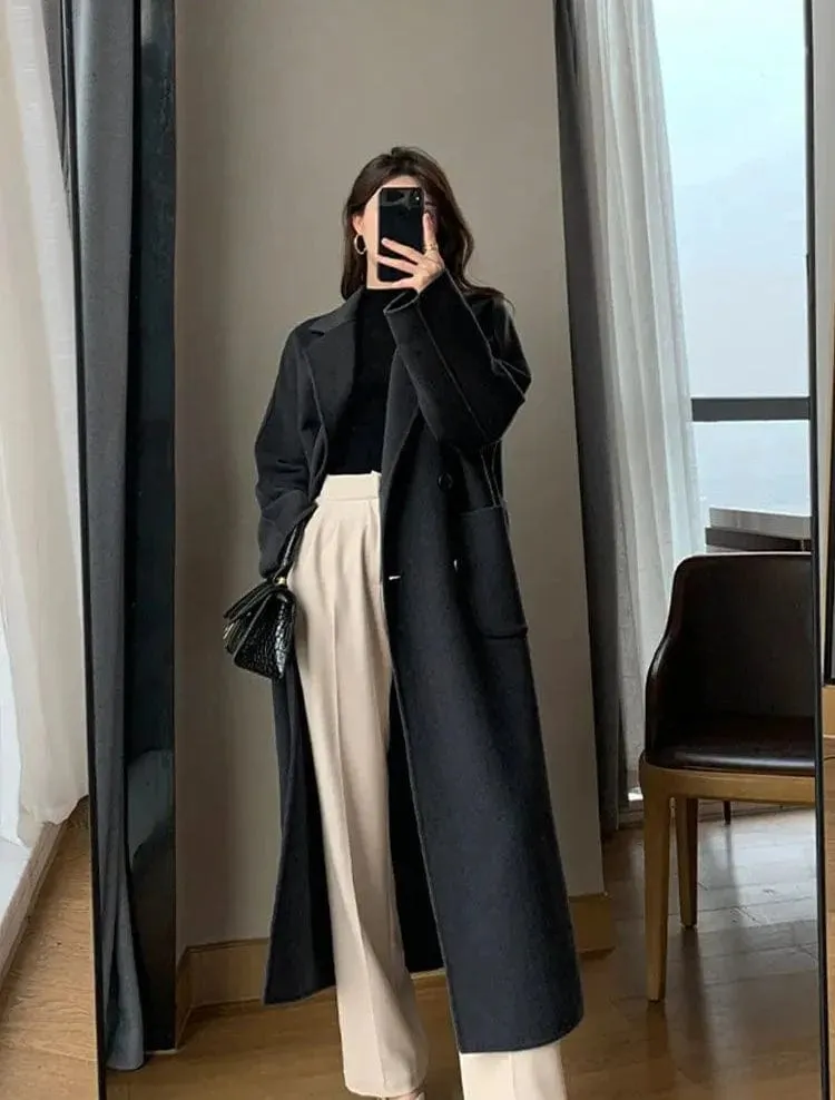 Women's Elegant Long Wool Coat – Oversized Double-Breasted Belted Winter Jacket, Thick and Warm Outerwear