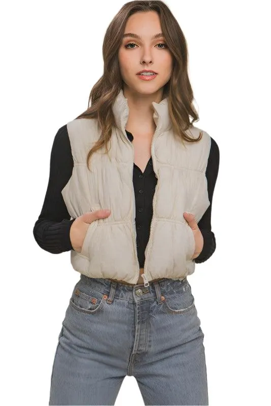 Womens High Neck Cropped Puffer Vest