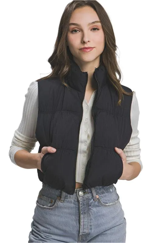 Womens High Neck Cropped Puffer Vest