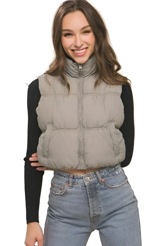 Womens High Neck Cropped Puffer Vest