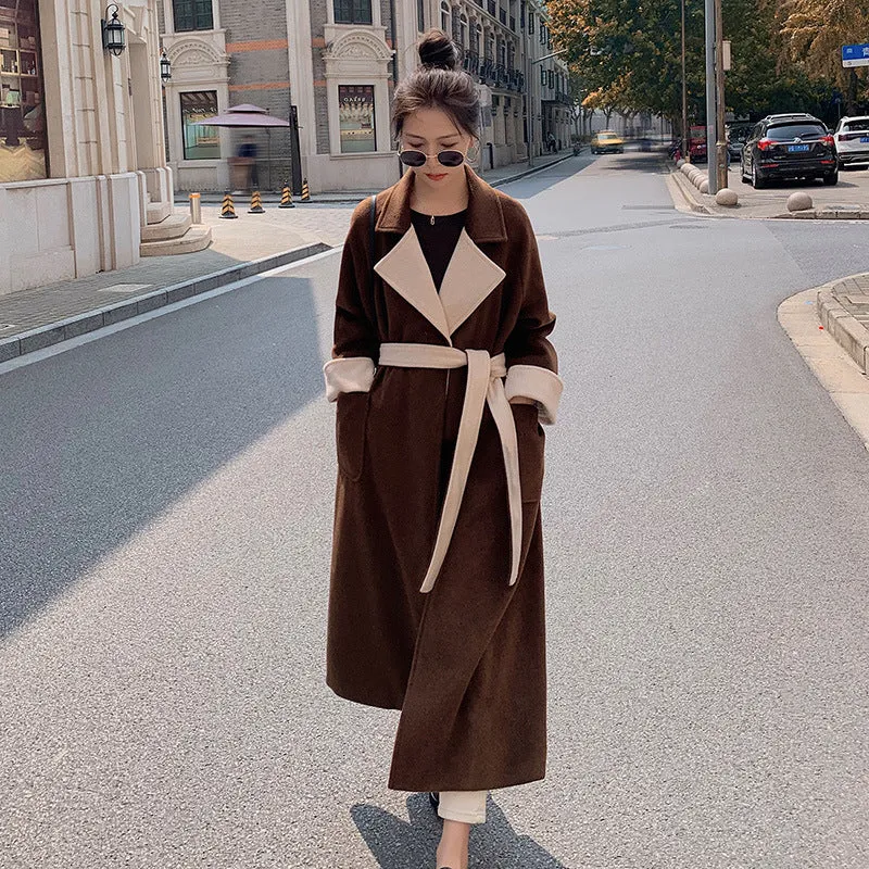 Women's Long Knee Length Loose Contrasting Woolen Coat