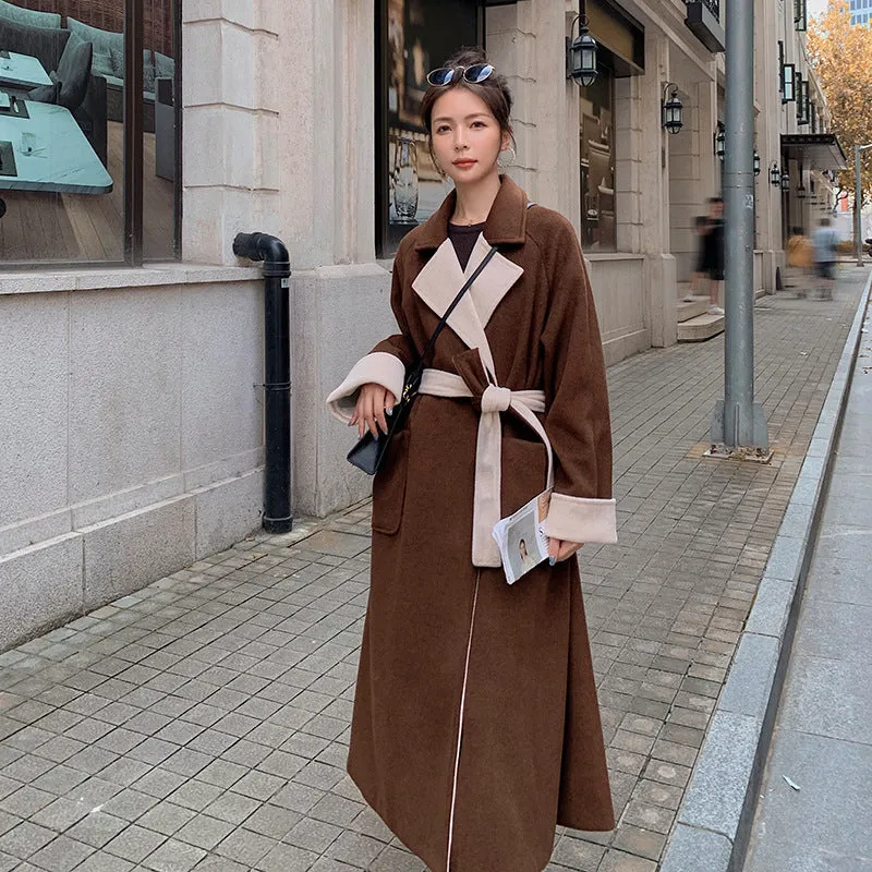 Women's Long Knee Length Loose Contrasting Woolen Coat